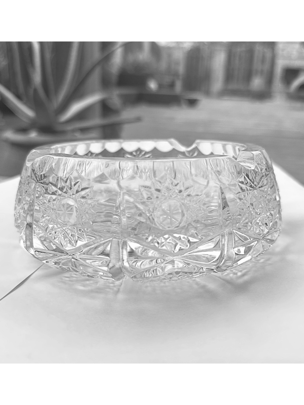Vintage Bohemian Heavy Clear Crystal Ashtray 6.5” Starburst